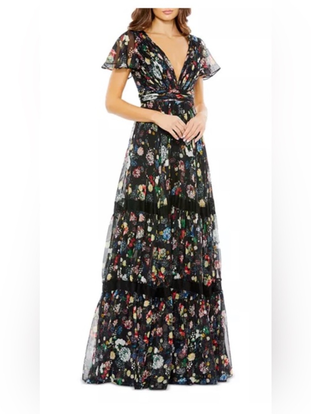 NEW Mac Duggal Floral Plunge Neck Gown Tiered Skirt Flutter Sleeve Sz: 4 #67934